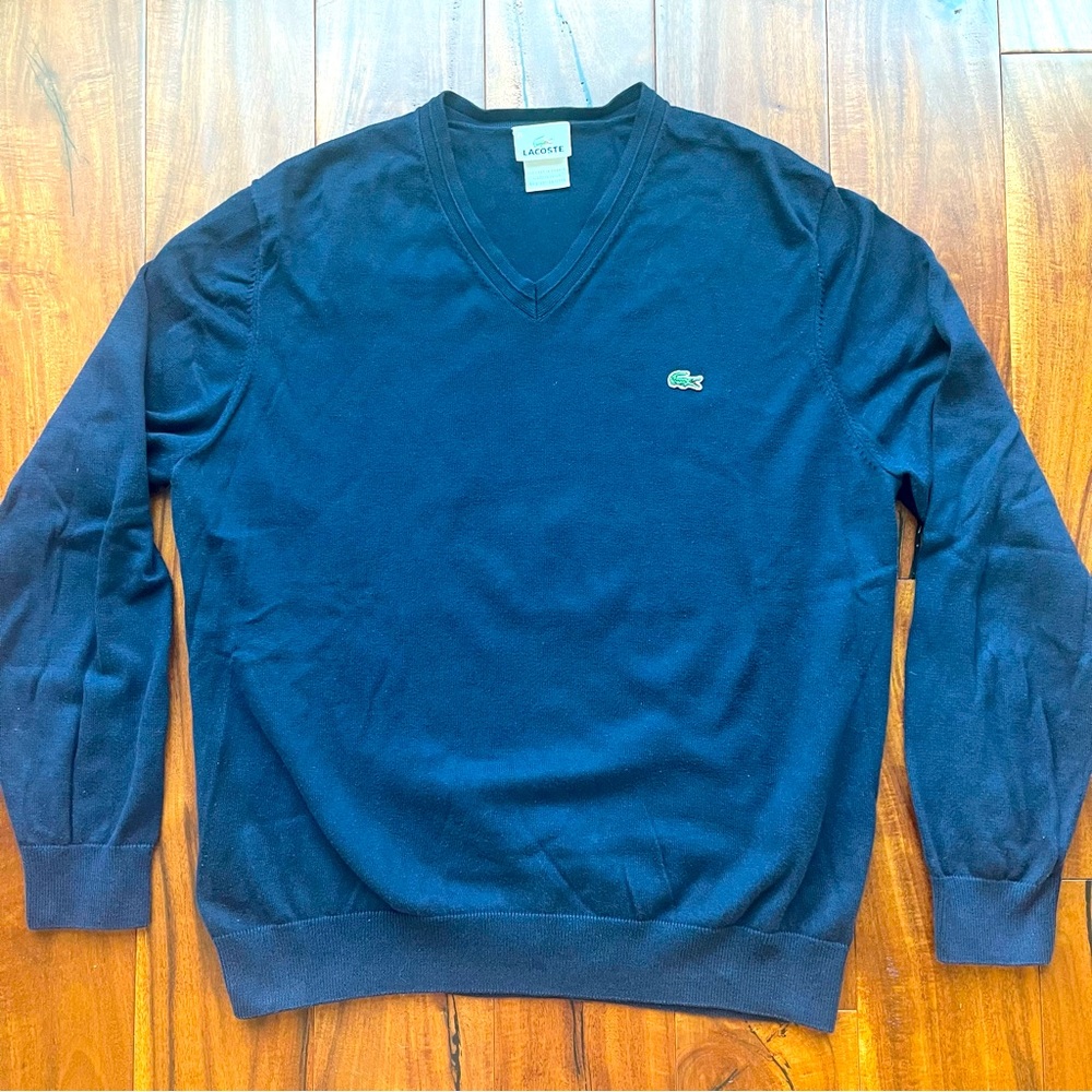 Lacoste Mens V-neck Cotton Sweater Large Navy